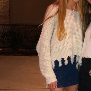 American Threads Off Shoulder Fringe Distressed Sweater